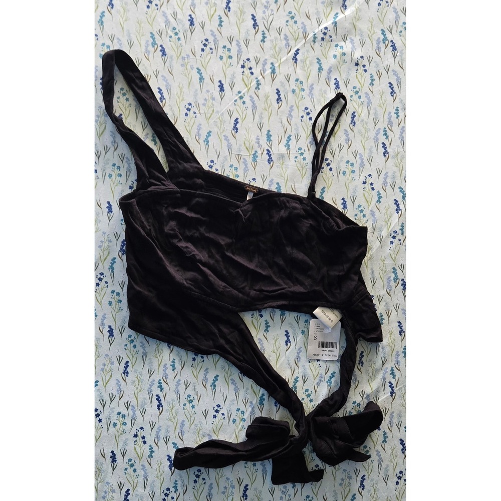 Free People Black One Shoulder Tie Front Crop Top OB1486668 NWT Womens Size S